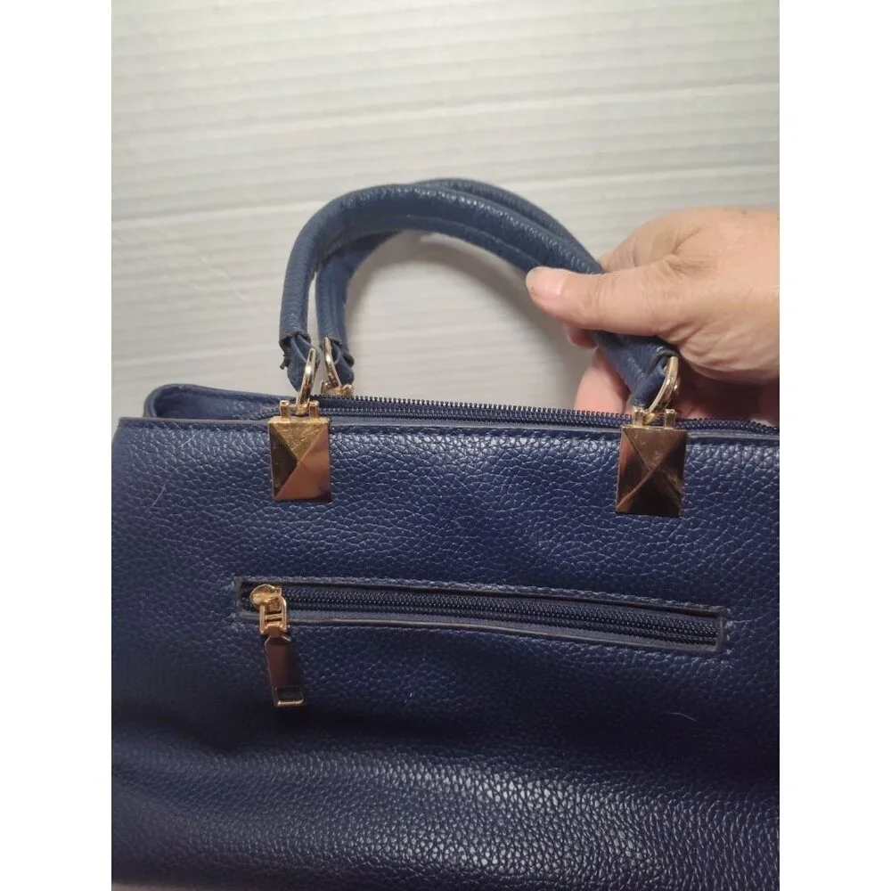 Danbaoly Women's Navy Tote Handbag‎ Faux Leather Gold hardware Brown lining